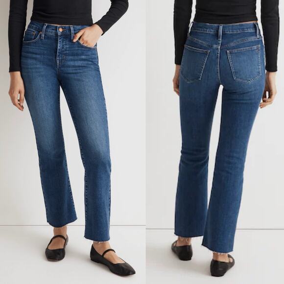 Madewell Mid Rise Kick Out Crop Jeans Frayed Hem Dark Wash Denim 24 Petite - Picture 1 of 7